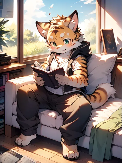 Masterpiece, Best quality, Perfect anatomy, author：K0bit0wani, author：Milk Tiger 1145, (author：Dekkers:0.3), Furry, coyote, Solo, Male, baggy pants, Shirtless, Eau, Abs, legs separated, Small raised, Slightly chubby figure, holding book, Detailed backgroun...