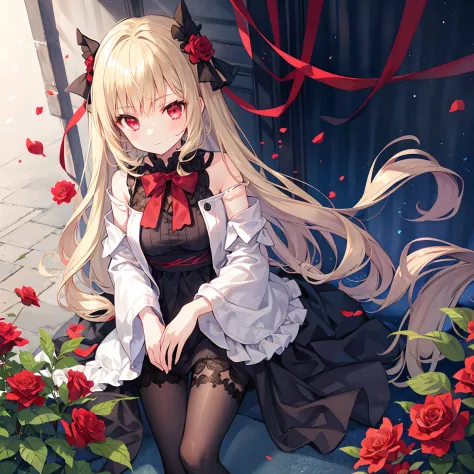 Girl with gray hair and red eyes、Blonde and red-eyed girl、Fluffy clothes、Surrounded by roses、Black tights