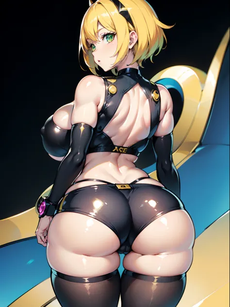 Good quality, one mature female, she's alone, white skin, short hair, blonde hair, green eyes, digimon trainer, huge boobs, digimon cyber sleuth art style, black stockings, shorts, crop top, black choker, gyaru, gorgeous face, thick tights, wide ass, showi...