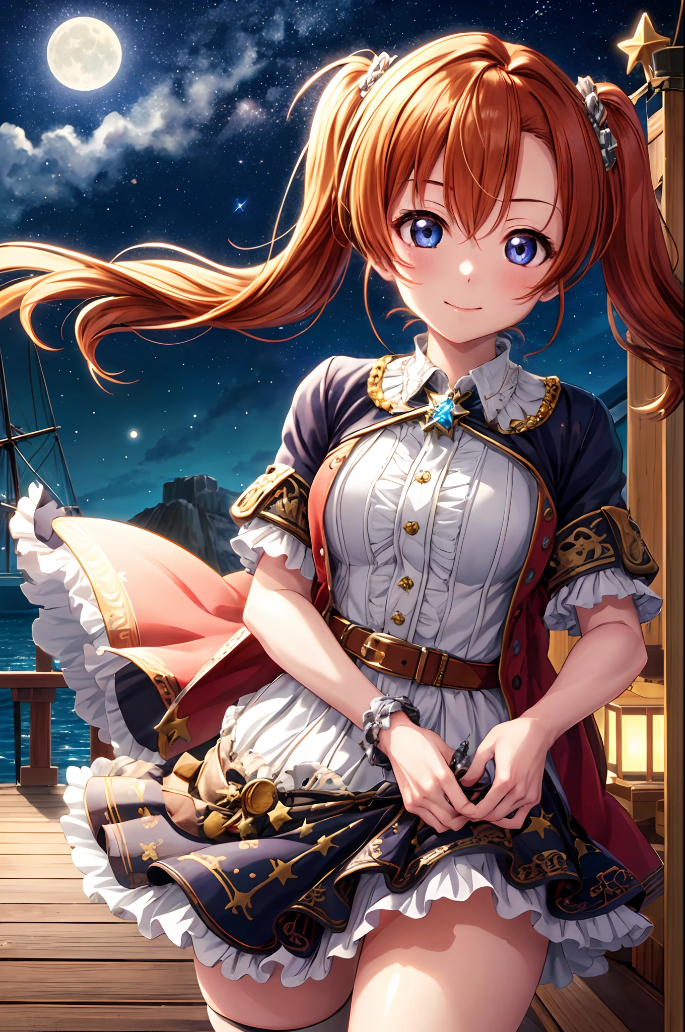 best quality, masterpiece, ultra-detailed, professional lighting, detailed background, kousaka honoka, look at viewer, Twintails, drill hair, hair ornaments, pirate clothes, long hair, wind, glare, stars, moon, ship deck, sea, night, dark