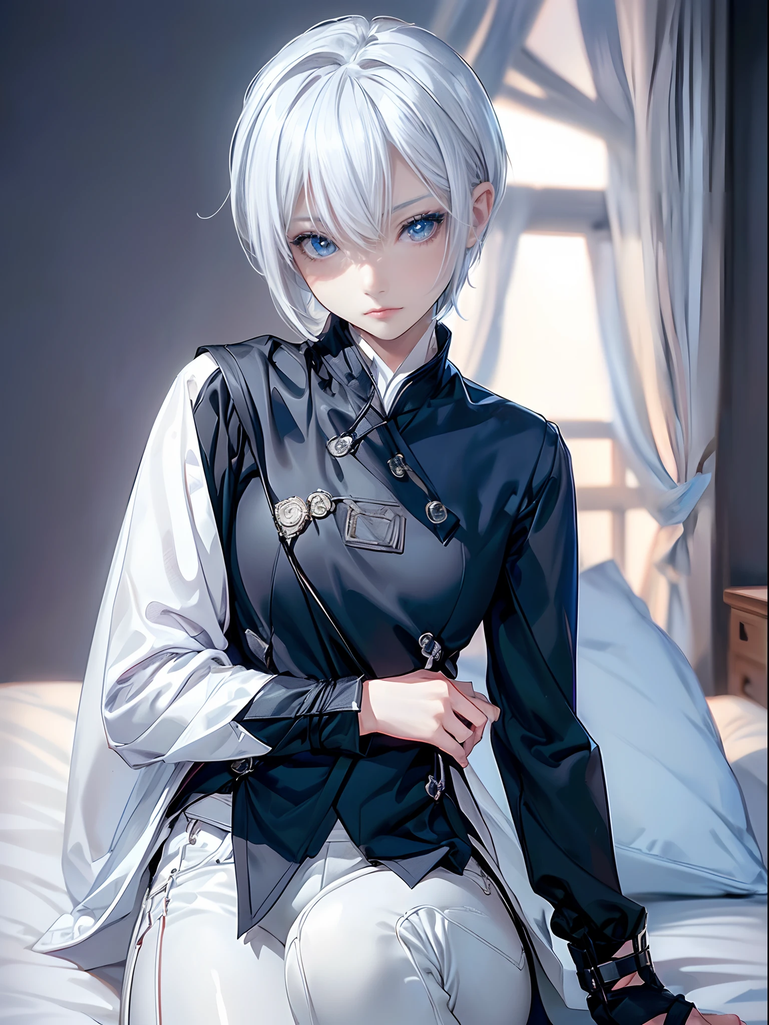 ((4K works))、​masterpiece、(top-quality)、One Beautiful Girl、Slim body、tall、((Black Y-shirt and white pants、Charming street style))、Please wear one jacket、Wearing a hood、(Detailed beautiful eyes)、Morning City、((Bedroom))、Fantasy bedroom inhabited by aristocrats、Black bedroom、Video call screen、((Face similar to Carly Rae Jepsen))、((Short-haired white hair))、((Smaller face))、((Neutral face))、((Bright blue eyes))、((American adult women))、((Adult female 2))、((cool lady))、((Like a celebrity))、((Gentle expression))、((Korean Makeup))、((elongated and sharp eyes))、((Happy dating))、((boyish))、((Upper body photography))、Professional Photos、((Shot alone))、((She's on the futon))、((It's like making a video call with your audience))、((Sitting on a futon))、((Shot very close to the face))、((Face Close-up))、((Being hugged by an adult male from behind))