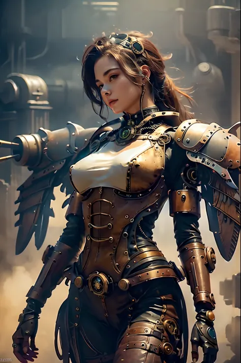 (masterpiece), (best quality), (perfect body), 1girl, steampunk, steampunk armor, mecha wings, cinematic light, sexy, underboob