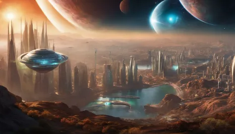 Futuristic city with aliens around. Giant planet in the sky