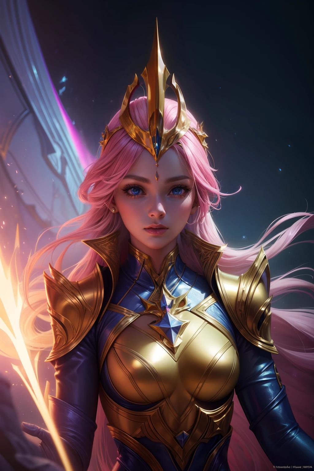 solo, super fine photo, portrait digital art Unreal Engine 5 8K UHD of a girl, concept art, character concept design, wearing gold tight shiny bodysuit with metallic details, metallic glove, pink long hair, fairy girl, pixie, best quality, masterpiece, super detailed, sharp focus, female pose