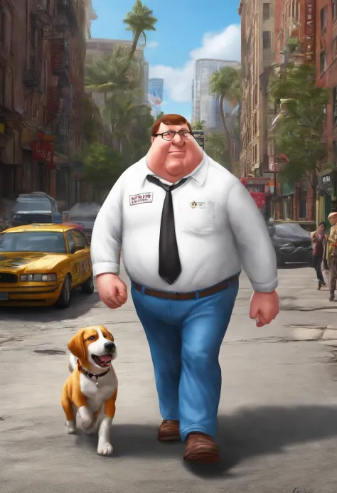 Peter Griffin walking Brian Griffin while wearing a Rolex and wearing a shirt that says I love old