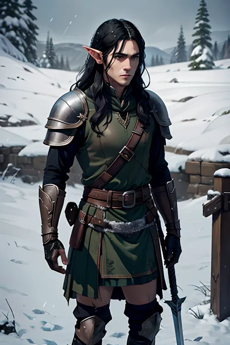 Lonely male elf. ah high. Long black hair.  A manly face with a scar. Leather armor. knee-length kilt. rapier. Snow-covered tund...