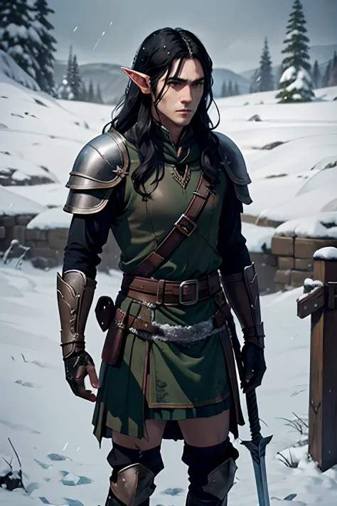 lonely male elf. ah high. long black hair.  a manly face with a scar. leather armor. knee-length kilt. rapier. snow-covered tund...