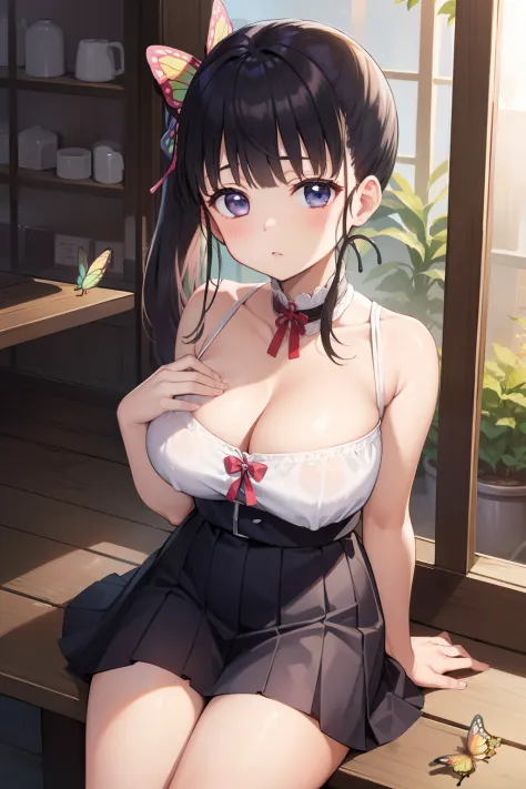 ultra-detailliert、girl1、top-quality、Masterpiece、Tsuyuri Kanao 　A dark-haired、Blunt bangs、poneyTail、butterfly hair ornament　sleeveless、skirt by the　cleavage of the breast、Soft thighs、shoulder、鎖骨　Background with、Butterfly House