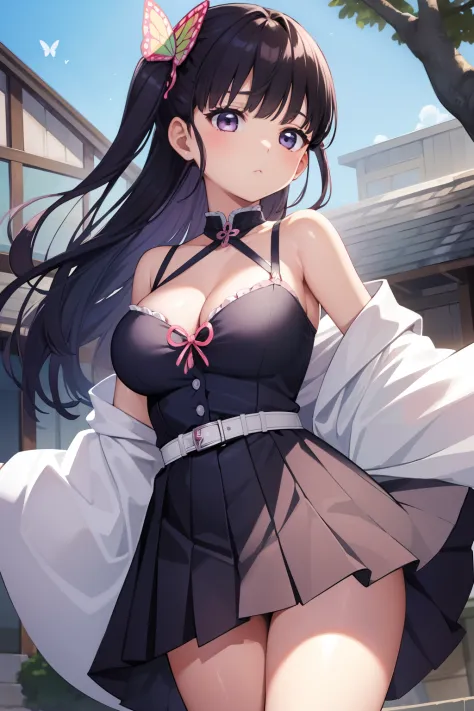 ultra-detailliert、girl1、top-quality、Masterpiece、Tsuyuri Kanao 　A dark-haired、Blunt bangs、butterfly hair ornament　off shoulders、skirt by the　cleavage of the breast、Soft thighs、shoulder、鎖骨　Background with、Butterfly House