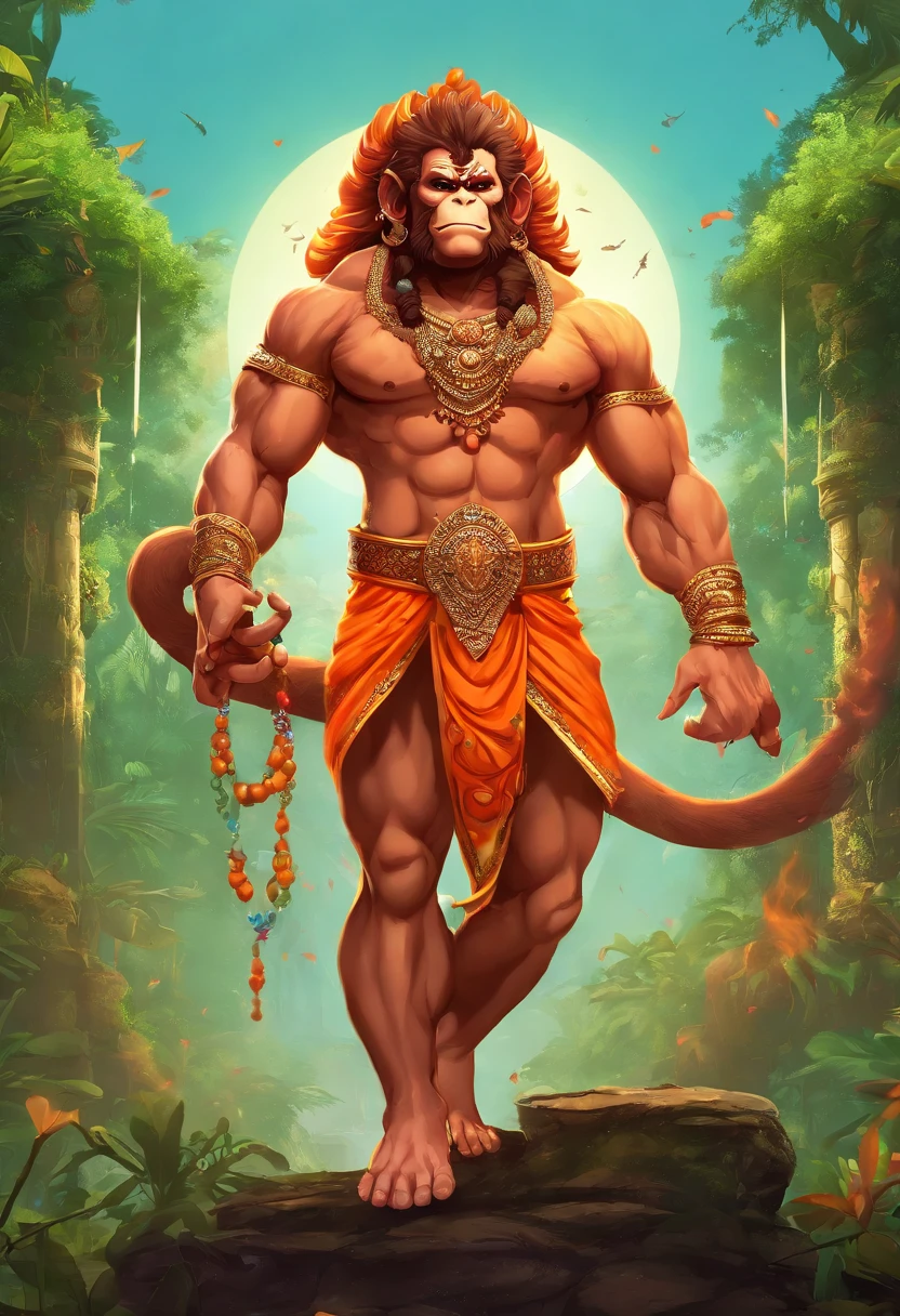 LORD HANUMAN ,a 35 years old man who has a face of a monkey, has a long tail as a monkey, proper super detailed eyes, proper super detailed hands, proper super detailed legs, An Indian god, Lord Hanuman, face of a monkey , moderate stature, has a big tail, Fire on the background, strongly built, broad-chested, narrow-waisted, and long-armed, big gada in his hand, in a dark forest (Professional 3D rendering:1.3) by (Realistic:1.3) World's most beautiful art picture, Features soft, dark complexation male heroes , hindu god, indian god, ((Epic hindu god , lord Hanuman, fantasy rough muscular man wet hero angry look long hair long slightly white beard and fierce expression in dynamic pose, wearing a orange robe, inside a jungle, burning lights in the background, majestic environment)), full body 8k unit render, action shot, skin pores, very dark lighting, heavy shading, detailed, Detailed face, (vibrant, photorealistic, Realistic , Dramatic, Dark, sharp focus, 8k), (orange cloths with heavy jewelry r:1.4), (intricate:1.4), decayed, (highly detailed:1.4), painting digital, rendering by octane, art stations, Concept-Art, smooth, sharp focus, illustration, germ of art, (Loish:0.23), Wlop Ilya Kuvshinov, and Greg Rutkowski and Alphonse Mucha Gracias, (global illumination, studiolight, Light Volumetric ), heavy rain, floating particles, scoundrel, fantasy, Eleven, full bodyesbian, ((Dark jungle background:1.3)),CGSesociedade,art stations