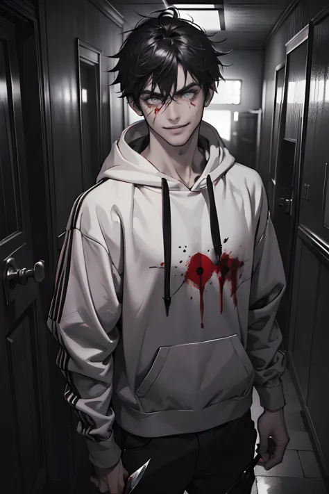 1boys,Tall, strong adult male, Perfect male body, Eyes look at the camera, (Black hair, Messy hair, Crazy expression, Gray hoodie,blood in face,holds a small knife in hand), (Crazy smile,Mad eyes,wide-eyed,small pupil, grin),Stand in a dark hallway,Dim lig...