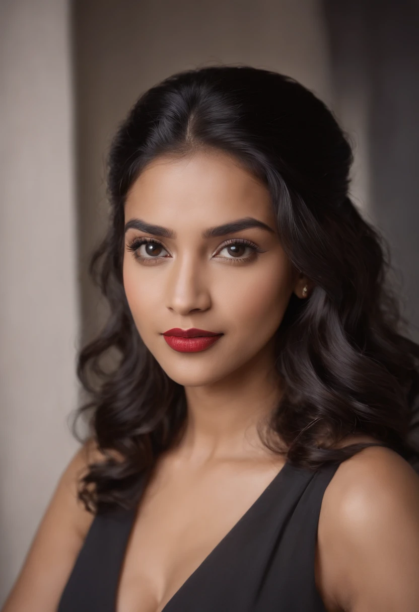 panoramic long shot of a beautiful south asian girl, dynamic pose, old classic , wavy black hair, 50s pin up style, intricate, detailed, DSLR camera , 8K UHD, deep blacks, post processing, nubian nose, protruding teeth