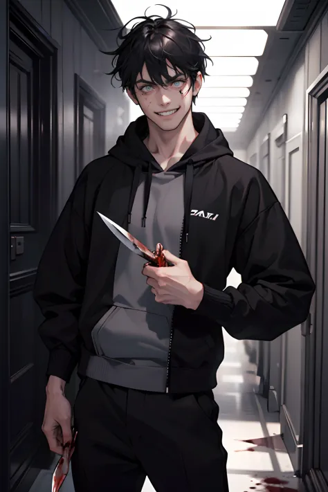 1boys,Tall, strong adult male, Perfect male body, Eyes look at the camera, (Black hair, Messy hair, Crazy expression, Gray hoodie,blood in face,holds a small knife in hand), (Crazy smile,Mad eyes,wide-eyed,small pupil, grin),Stand in a dark hallway,Dim lig...