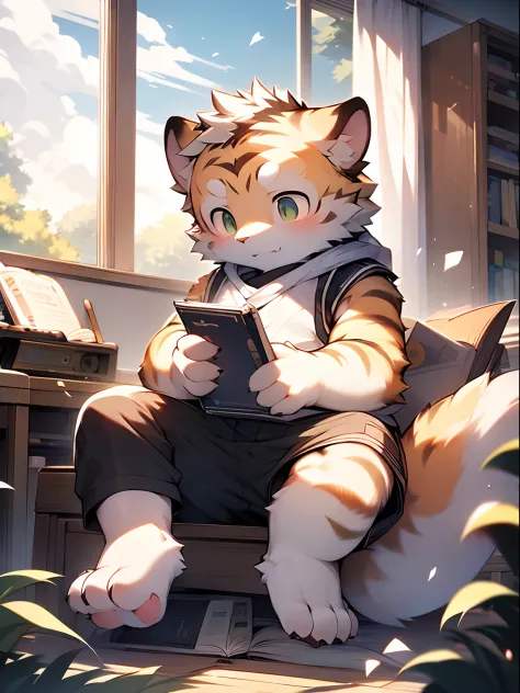 Masterpiece, Best quality, Perfect anatomy, author：K0bit0wani, author：Milk Tiger 1145, (author：Dex:0.3), Furry, coyote, tiny ears, Solo, Male, baggy pants, Skinny white vest, Eau, Abs, legs separated, Small raised, Slightly chubby figure, holding book, Det...