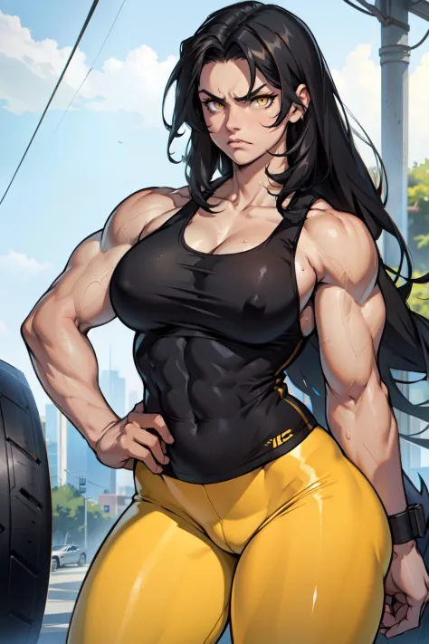 disgust (muscular) breasts huge thighs pale skin black hair yellow