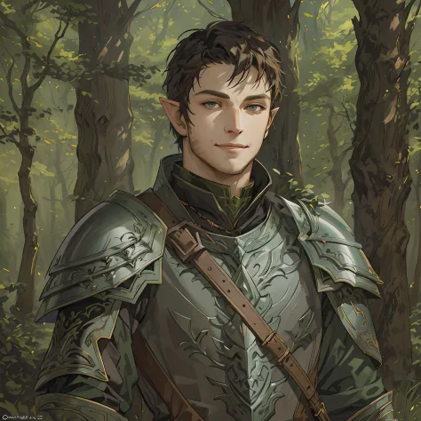 there is a man in armor standing in the woods, a portrait of a male elf, male elf ranger, fantasy male portrait, beautiful male ...