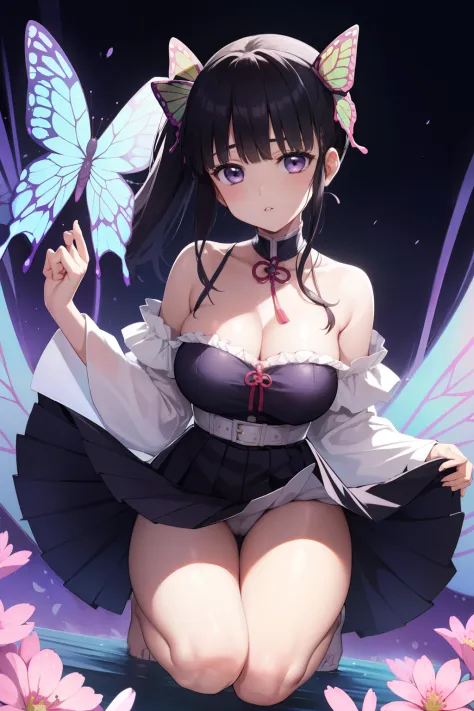 ultra-detailliert、girl1、top-quality、Masterpiece、Tsuyuri Kanao 　A dark-haired、Blunt bangs、butterfly hair ornament　off shoulders、skirt by the　cleavage of the breast、Soft thighs、shoulder、鎖骨、cunt、Semen　Boldly open legs、Squat and open legs　Background with、Butte...