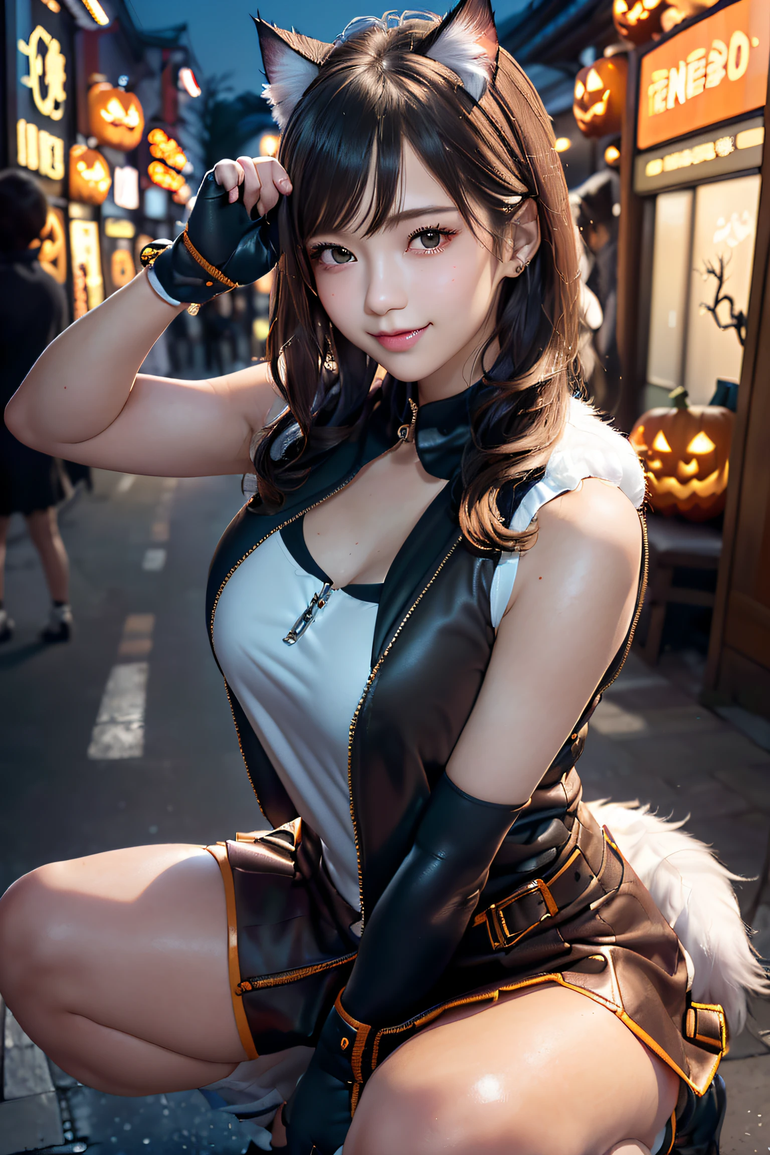 masterpiece, top-quality, top-quality, Beautifully Aesthetic:1.2, 1girl,  night, ((Wearing a high-quality sleeveless zip shirt, gloves of cat, cat ear, fur miniskirt):1.2), high detailed, (((Zips Full opened:1.3))), (Gentle smile:1.2), 
BREAK 
(squatting with hand between legs:1.3), (large breasts:1.3), (Cleavage:1.2), firm breast, nicely shaped breasts, slender figure, ((No bra)), 
((Dark Brown Hair)), wavy hair, ((short hair:1.2)), 
((in A modern street of decorated for Halloween in Shibuya at late night:1.2)), (Upper body shot:1.1), (From below), (Focus on face:1.1), ((looking at viewer:1.2)),