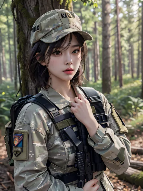 （raw、​masterpiece、ultra fine photos、top-quality、超A high resolution、Photorealsitic、bustshot）、Beautiful Female Soldier、delicated f...