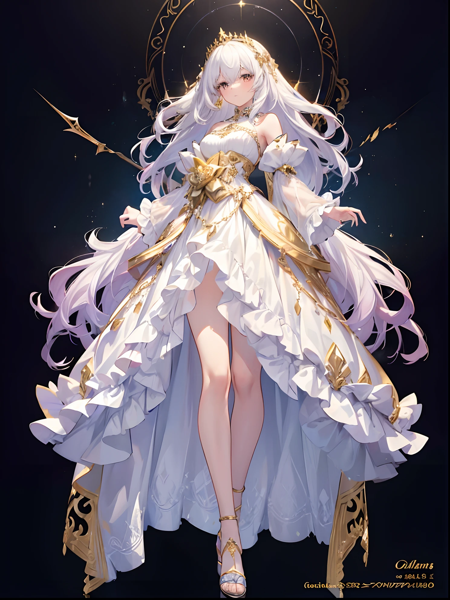 (((((one girls))))), Ultra-realistic photo of a girl in a majestic white and gold black ball gown dress, Big beautiful dress, Complex puffy ball gown with lots of frills and rhinestones (Best Quality, masutepiece, art  stations, Fantasy Art:1.2), Palace rooms, Beautiful cute girl, (long white hair:1.1), (Complex short gold skirt, Bare legs:1.2, Full body shot)