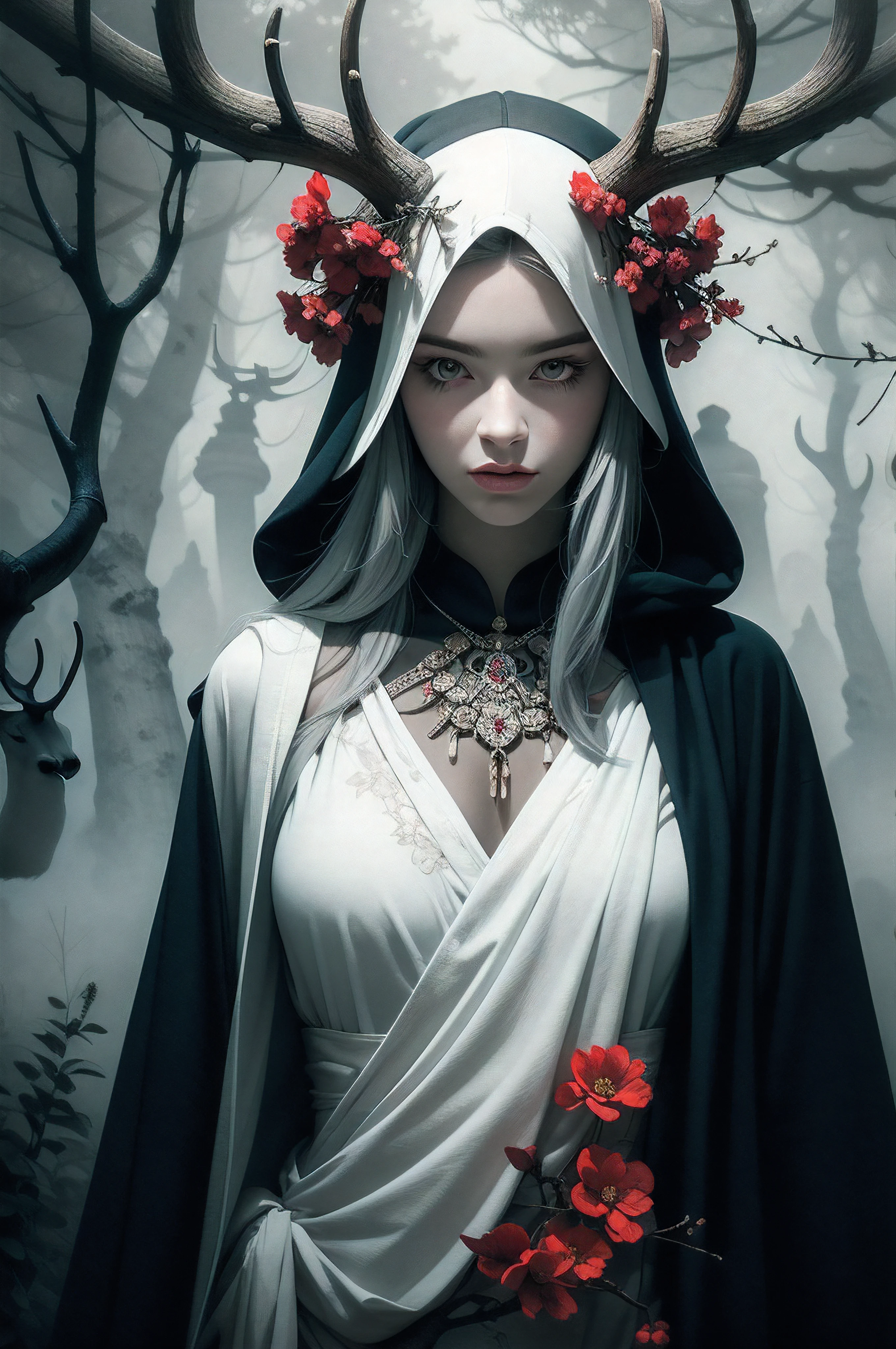 (Masterpiece: 1.2), (Gloomy color scheme), handsome Billie Elish with long gray hair, Realistic eyes, beatiful face, Beautiful girl with a perfect body, Druid, with large deer antlers on the head, long straight hair, She is dressed in a robe with a hood on her head, flowers entwined with branches, 8K high-quality detailed graphics, ((perfect anatomy)), stunning digital illustration, (Body symmetry: 1.2), Upper torso. Gray gloomy background, dark forest. gloomy and hopeless, Dark dramatic lighting, vignette, Depth of field.