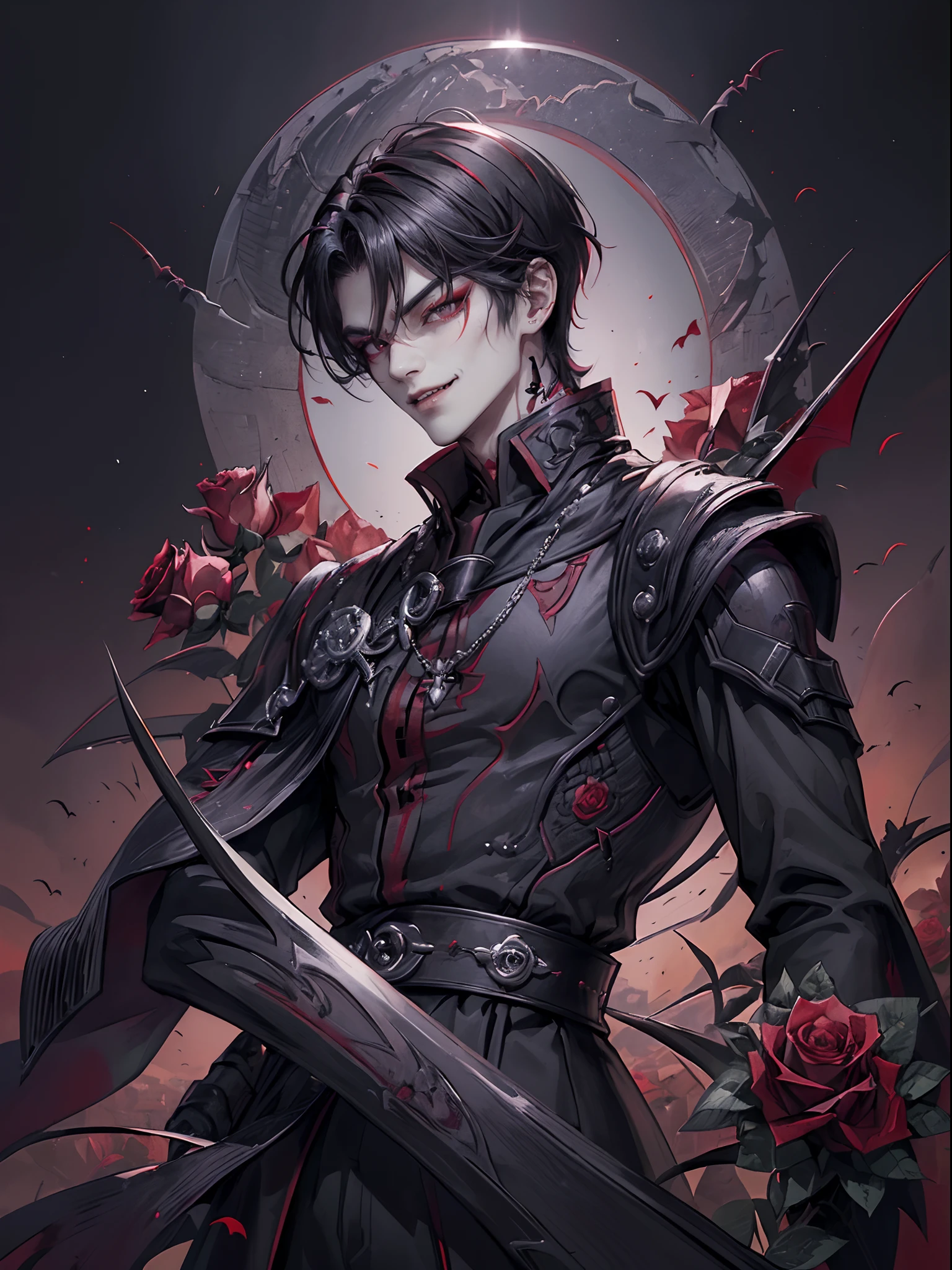 ((4K works))、​masterpiece、（top-quality)、((high-level image quality))、((One beautiful vampire man))、Slim body、((Vampire Black Y-Shirt Fashion))、(Detailed beautiful eyes)、((Red roses and crows on fantastic black background))、Inside the Evil Castle、((Face similar to Chaewon in Ruseraphim))、((short-haired))、((bright silver hair))、((Smaller face))、((Neutral face))、((Red Eyes))、((Korean Male))、((18year old))、((wild boy))、((Show your teeth and smile))、((Korean makeup with black eyeshadow))、((elongated and sharp eyes))、(((Shot alone)))、((Vampires))、Vampire Photos、Villain、Dark Proof、((Shot diagonally from the side))、Vampire Pose