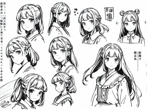 ((masterpiece)),(((best quality))),(character design sheet, same character, front, side, back), illustration, 1 girl, hair color, bangs, hairstyle fax, eyes, environment change scene, hairstyle fax, Zitai pose, woman, Shangyi shirt, star, Charturnbetalora,...