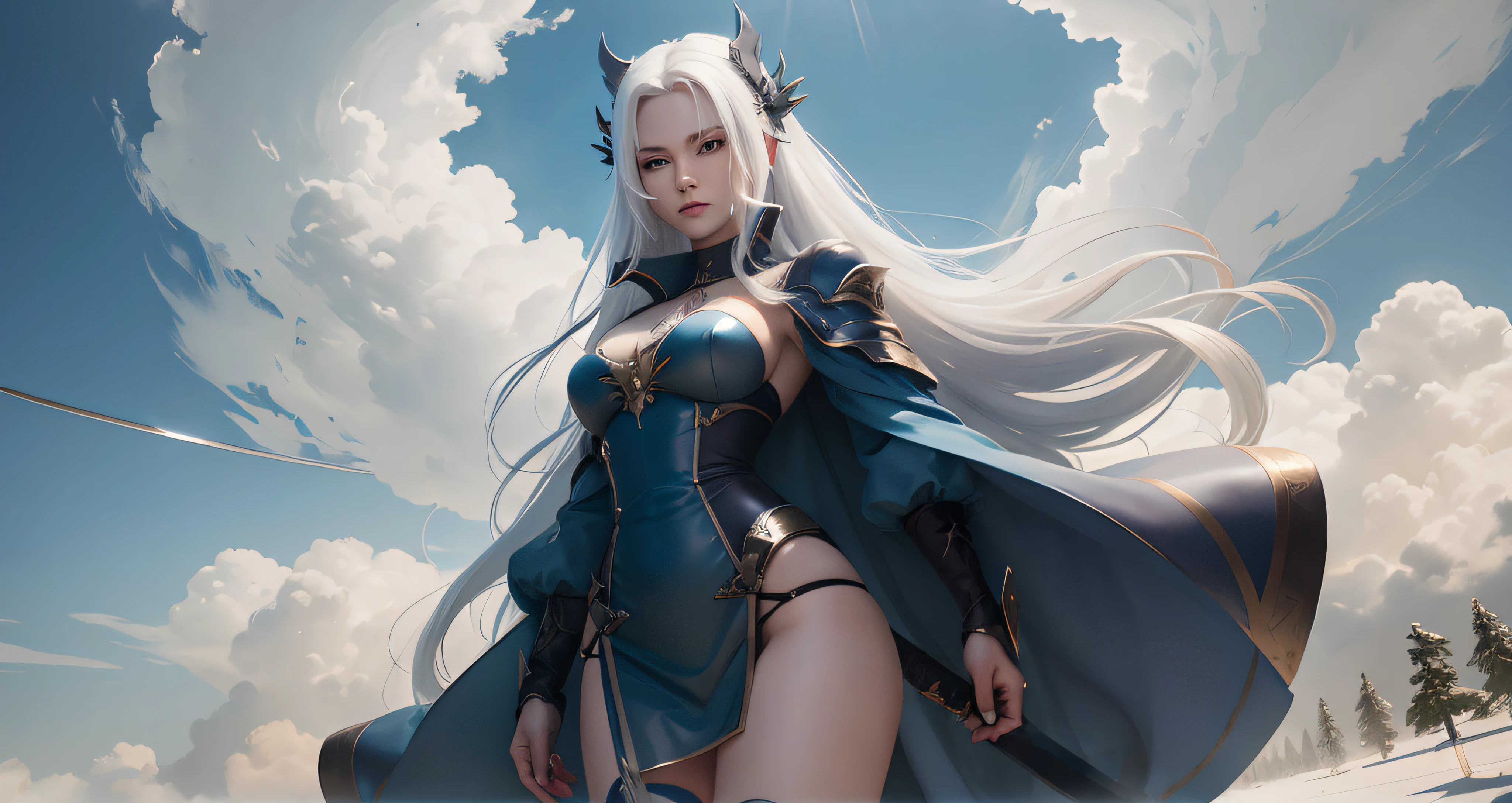 beautiful face, long white hair, sword on hand, sexy body, long leg, pale skin