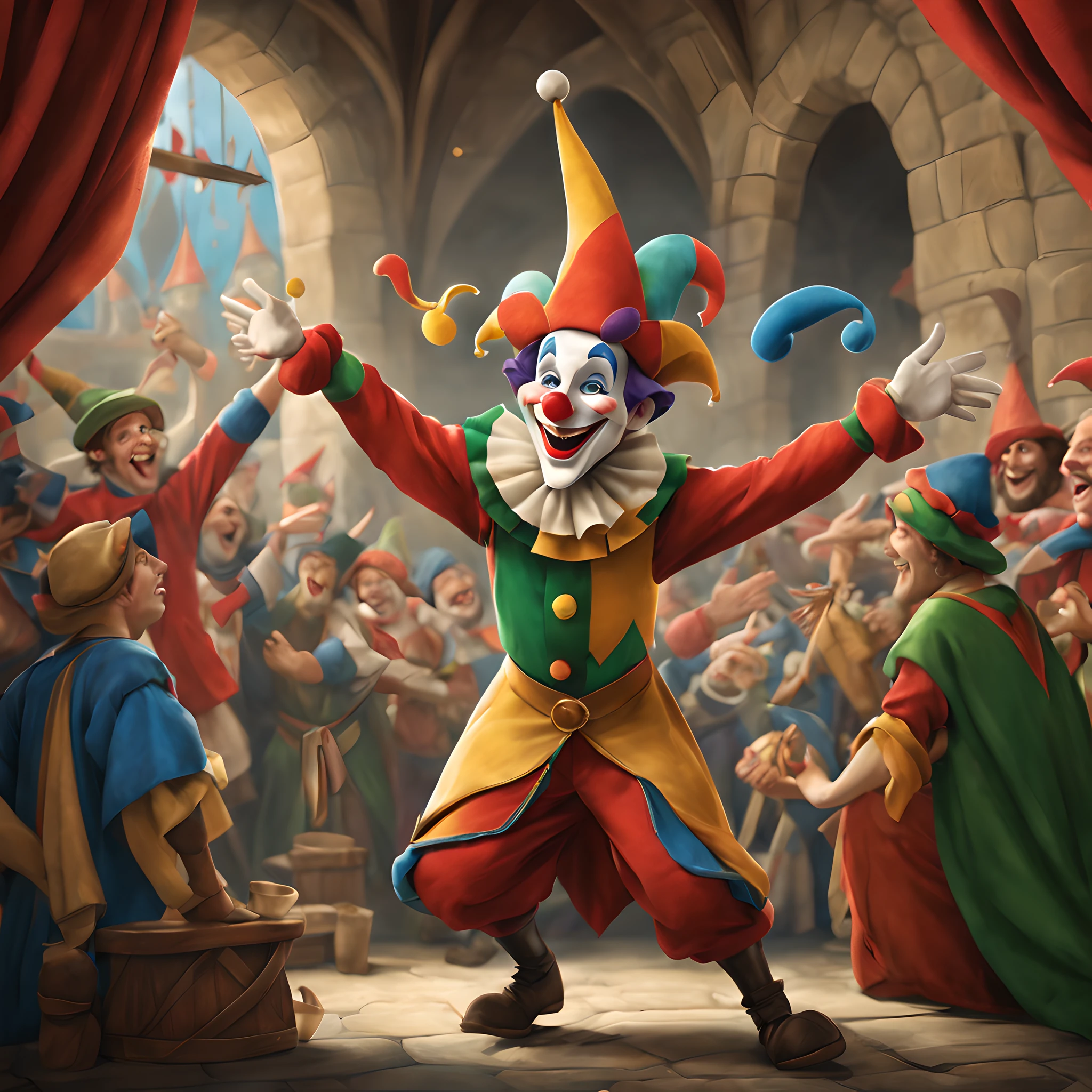 Composition: Craft a lively and engaging composition that captures the spirit of a medieval comedy theater. The composition should be full of energy and humor, setting the stage for the Jester's performance.

Character: Illustrate a mischievous and colorful Jester, dressed in traditional harlequin attire. The Jester should exude charisma and whimsy, ready to entertain with their antics.

Background: Place the Jester in the bustling environment of a medieval comedy theater. Surround them with an enthusiastic audience, grand tapestries, and the rich ambiance of the era. The high-resolution image should bring to life the vibrant and comical world of the Jester.