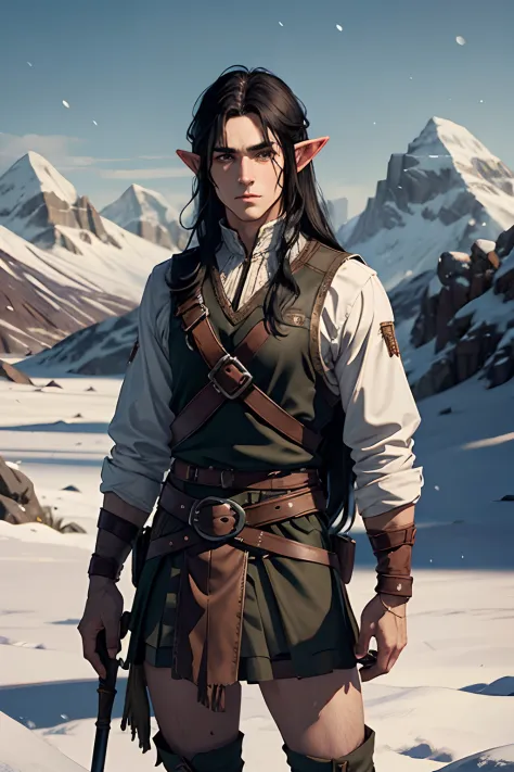 Lonely male elf. ah high. Long black hair.  A manly face with a scar. Leather Bib. knee-length kilt. weaponless. Snow-covered tu...