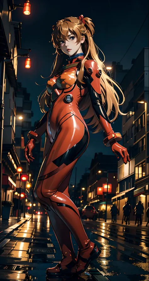 best quality, masterpiece, realistic, photorealistic, 1 anime girl, solo, looking at viewer, full body, standing, long hair, asuka cosplay costume, cosplay, plugsuit, bodysuit, hair ornament, detailed background, in street, night, light, rain,