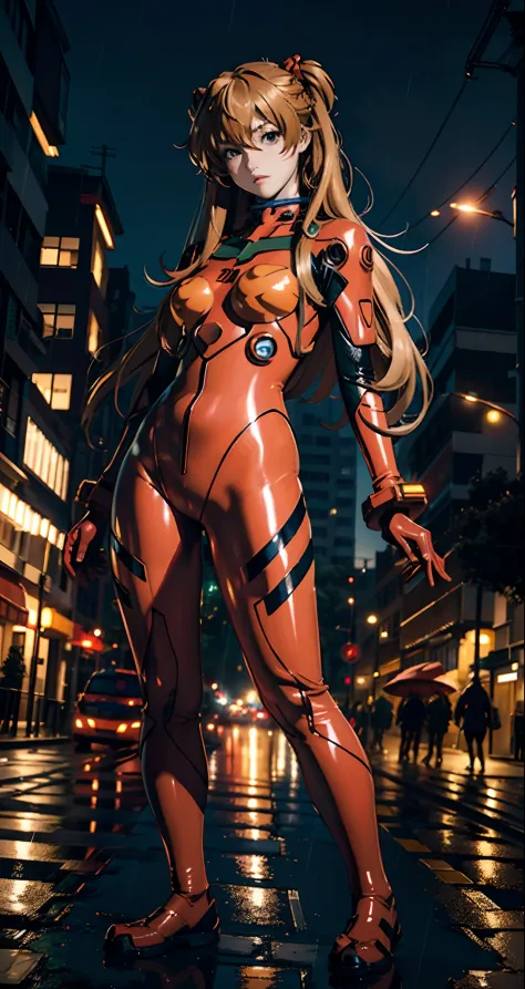 best quality, masterpiece, realistic, photorealistic, 1 anime girl, solo, looking at viewer, full body, standing, long hair, asuka cosplay costume, cosplay, plugsuit, bodysuit, hair ornament, detailed background, in street, night, light, rain,
