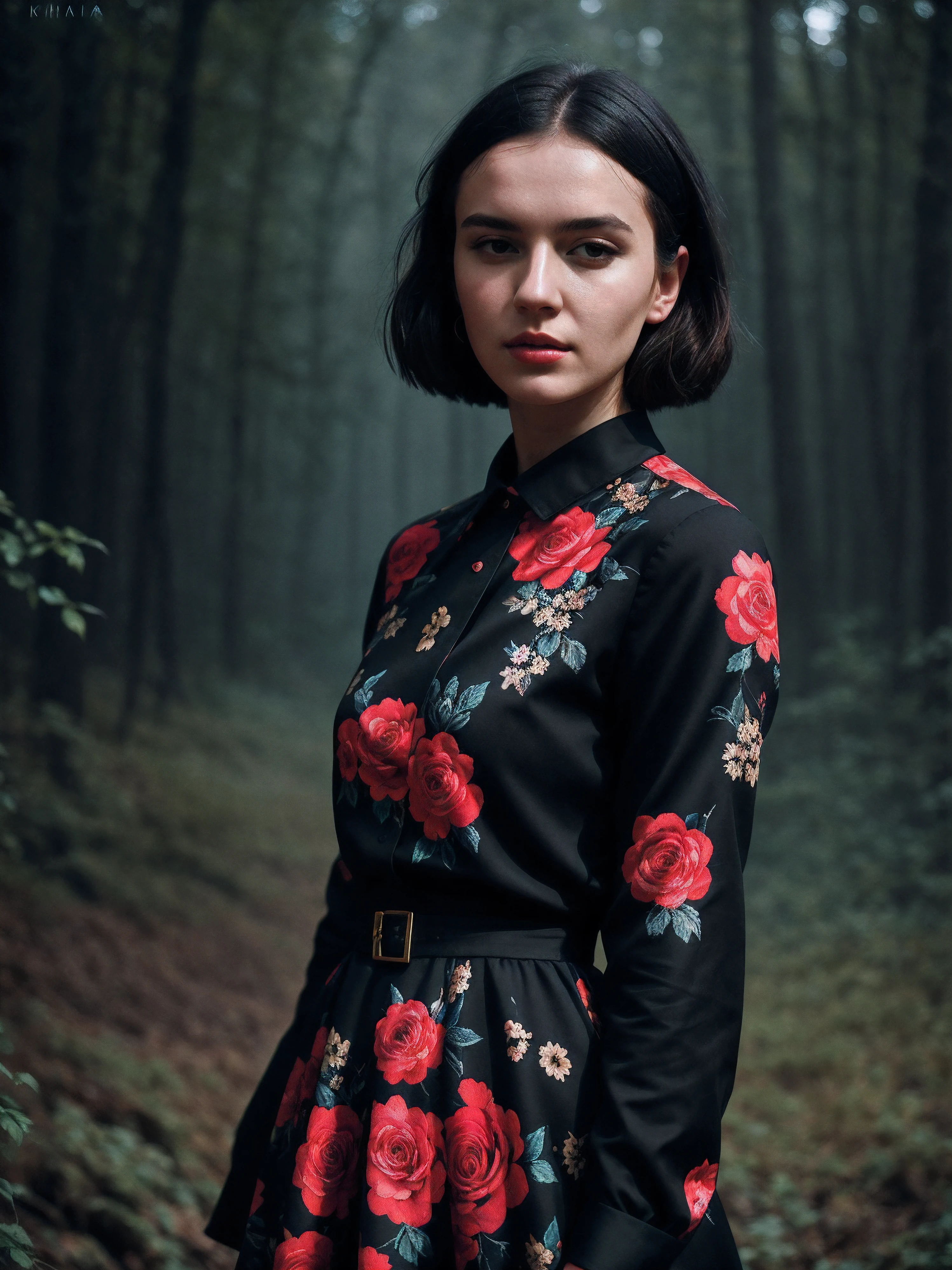 Adria Arj1 stunning complex full-color portrait, Wearing a black floral dress, Epic character composition, author：Ilya Kuvshinov sty, Alessio Albi, Nina Masic, Sharp focus, Natural lighting, Subsurface scattering, F2, 35mm