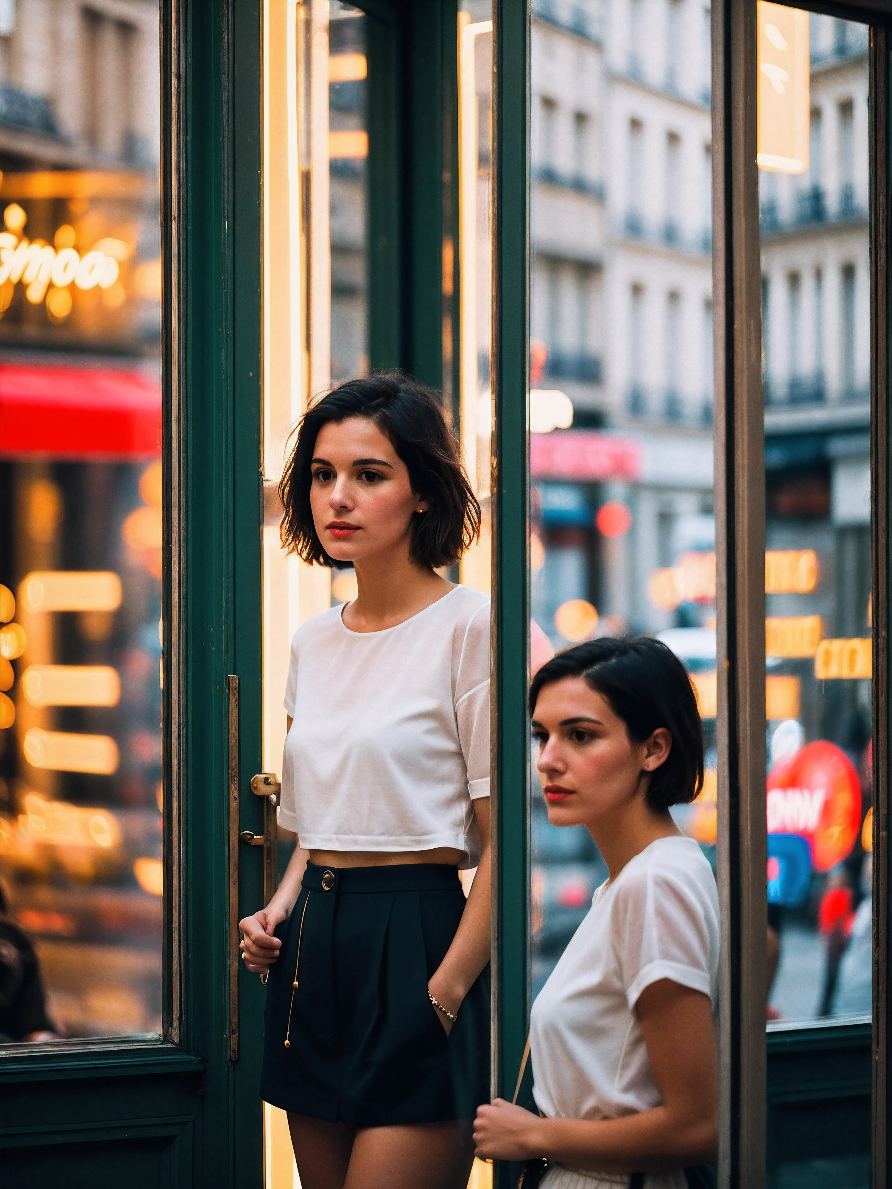 时尚法国女孩的街拍照片, 短发, 在橱窗里购物时，拍下她在店面上的倒影, 上身框架, 在巴黎古雅的街道上, 带商店招牌的霓虹灯, 从高角度拍摄, 在索尼 A7111 上, 和 (散景效果:1.3),(加里·维诺格拉德 (Gary Vinograd) 的风格:1.4)
