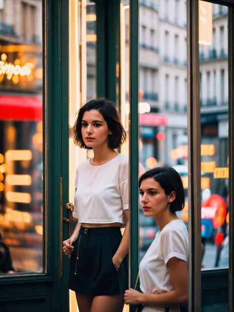 Street photography photos of stylish french girls, with short hair, Capture her reflection on the storefront while shopping in t...