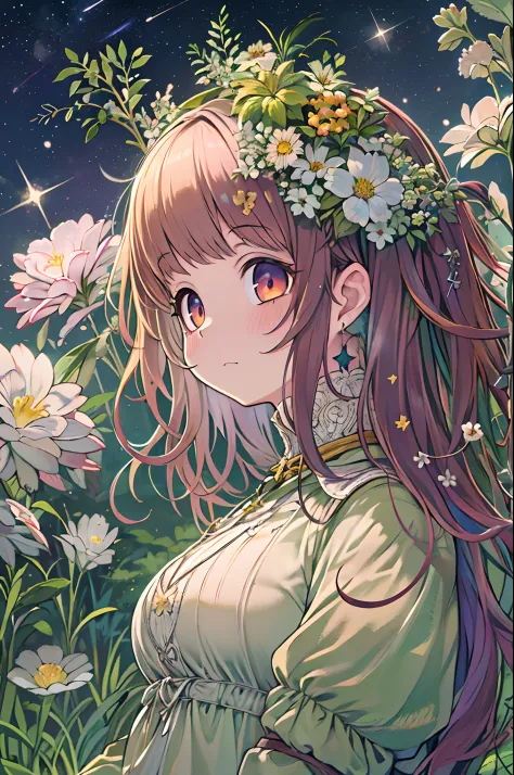 of the highest quality, high_resolution, distinct_image, detailed background, girl, flower, garden, starry sky,