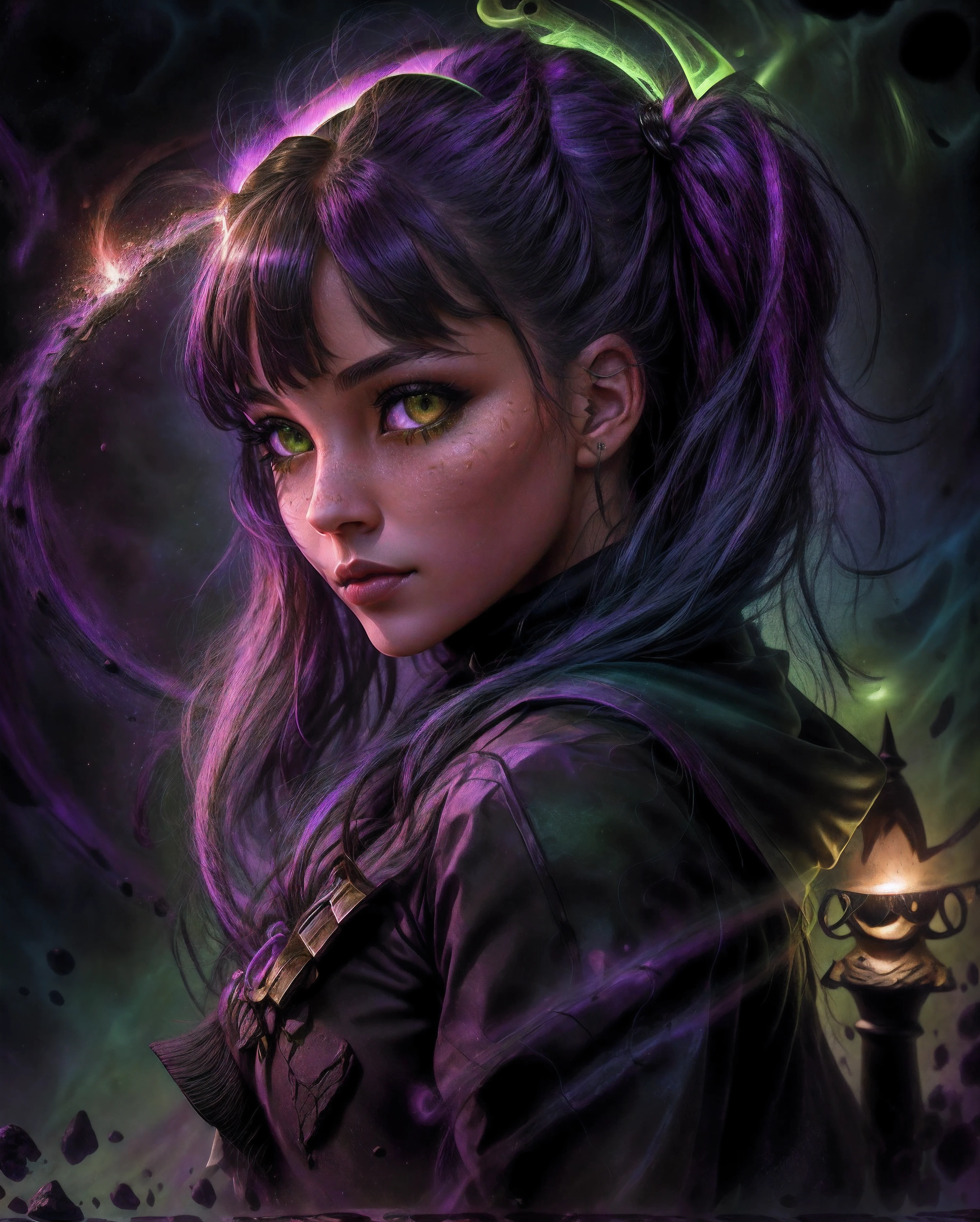 ((Close-up portrait of a girl with green eyes)), with glowing purple eye light, Violet luminous rays, dark fantasy portrait, Portrait in profile, (Cheeky face). Dark Fantasy, realistic 4k digital art, (Dark), sexy girl with green eyes, ((Gloomy color scheme:1.5)), (NSFW), (A very dark room, little light, Low visibility)). (Strong shadow:1,6). twilight.