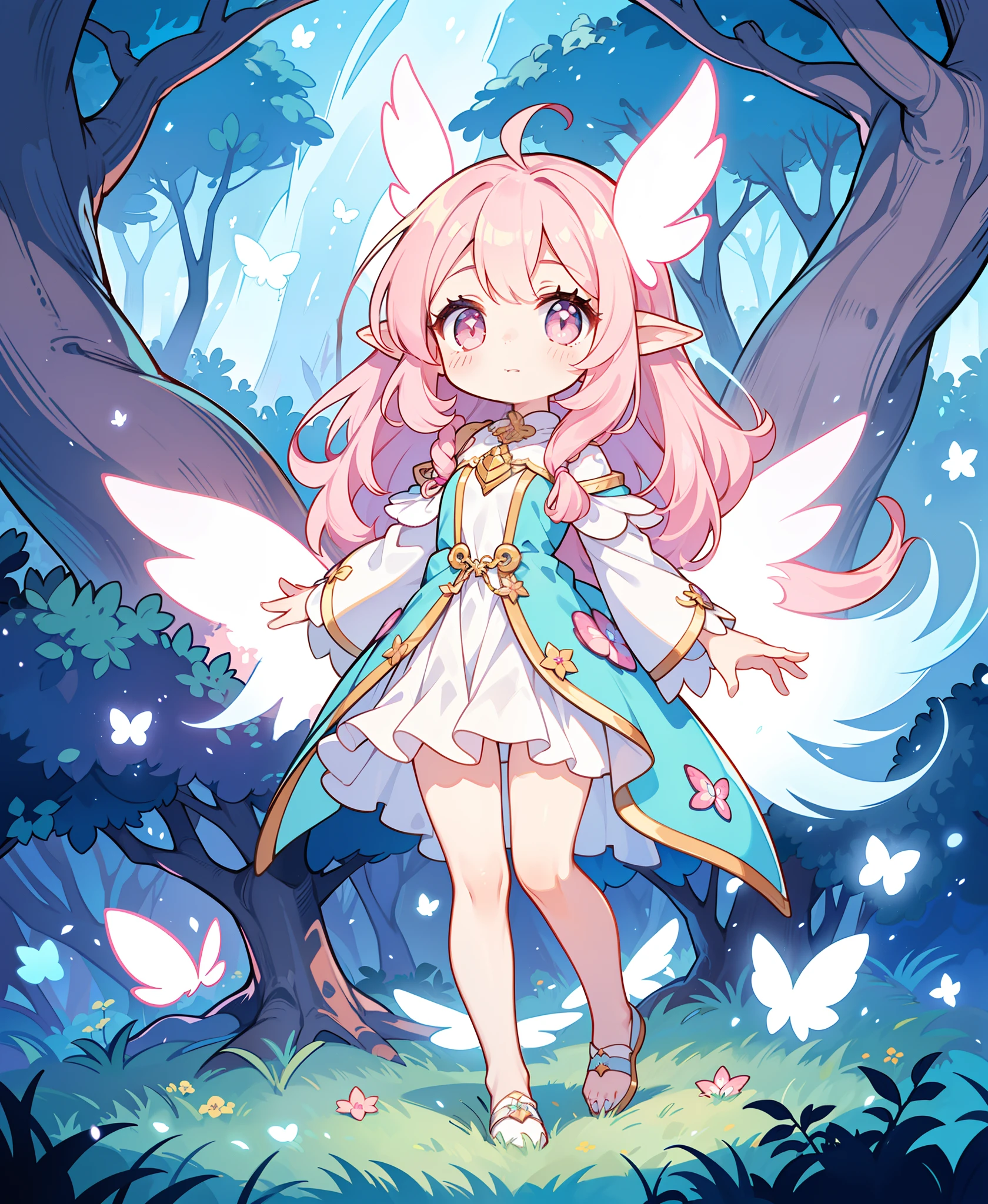 light theme, magical forest scenery, ((((style of ori and the will of the wisp)))), ((1 gigantic old tree with pink glows(background))), 1 girl (young), spirit, small breasts, looking at the viewer, ((((ori (foreground)the will of the wisps) little spirits, light pink and luminous, starfull sky, luminous butterflys, pink, caring expression, friendly face, full body, looking at viewer, big eyes