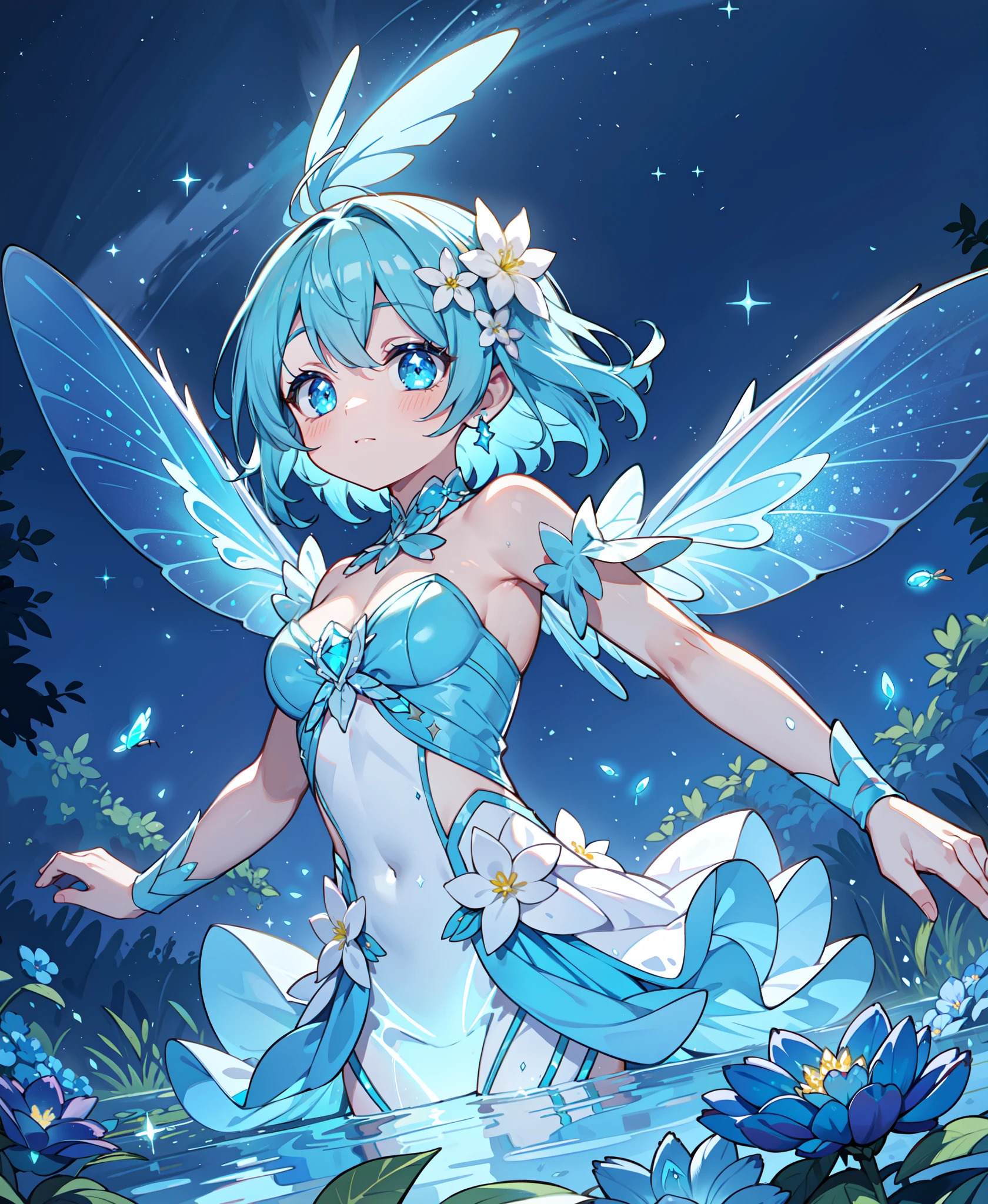 blue skin,wet,fantastic lake,luminous body fairy,((excessive dazzling glowing body:1.5)),((glowing insect wings:1.3)),fairly tale,flower decoration,(glow focus:1.3),flower ground,(her body illuminated surrounding scenery),(cute appearance:1.3),(masterpiece:1.4),(best quality:1.4),ultra-detailed:1.4,dancing,blowing wind flower petals tangling into the sky,stylish pose,holding a flower in hand,