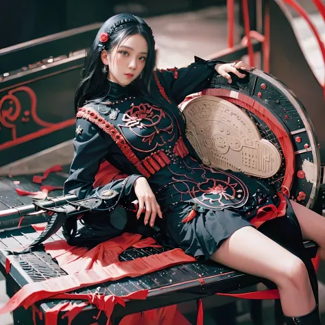 black hair, asiagirl, The red Tang costume has a floral relief, rosette, lie on one's side, torogao, Surrealism, Surrealism, Sur...