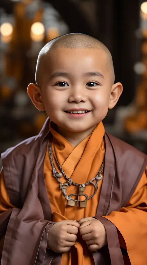 A young monk dressed in a monk's robe，had his hands folded，sit with legs crossed，Smile at the camera。