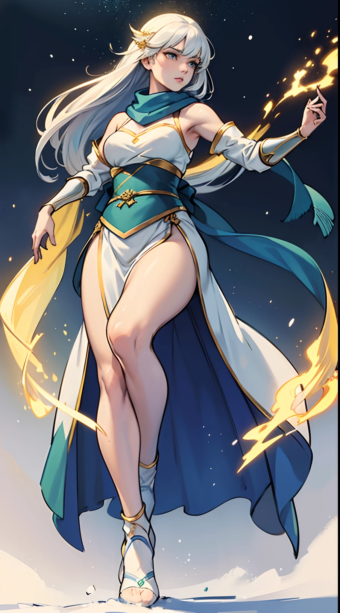 Masterpiece, best quality, realistic, (1 girl: 1.3), blue gold white clothes, shawl long hair, jump, leap, dance, green gold white clothes, long skirt, long scarf, flowing, light armor, snow white skin, bare shoulders, full body, (from below:1.5), martial arts, dynamics, flames, particles