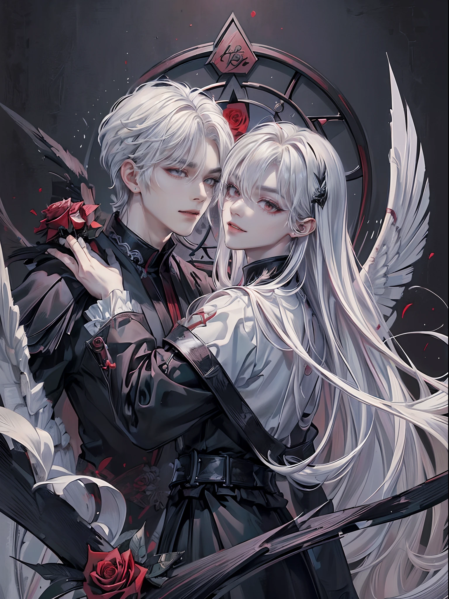 ((4K works))、​masterpiece、（top-quality)、((high-level image quality))、((One Beautiful Fallen Angel Man))、Slim body、((Vampire Black Y-Shirt Fashion))、(Detailed beautiful eyes)、((Red roses and crows on fantastic black background))、Inside the Evil Castle、((Face similar to Chaewon in Ruseraphim))、((Center parting long-haired and gray-haired man))、(((white  hair)))、((Smaller face))、((Neutral face))、((Red Eyes))、((Korean Male))、((18year old))、((wild boy))、((Show your teeth and smile))、((Korean makeup with black eyeshadow))、((elongated and sharp eyes))、(((Shot alone)))、((Fallen Angel))、Photos of fallen angels、Villain、Dark Proof、((Shot diagonally from the side))、King of Fallen Angels
