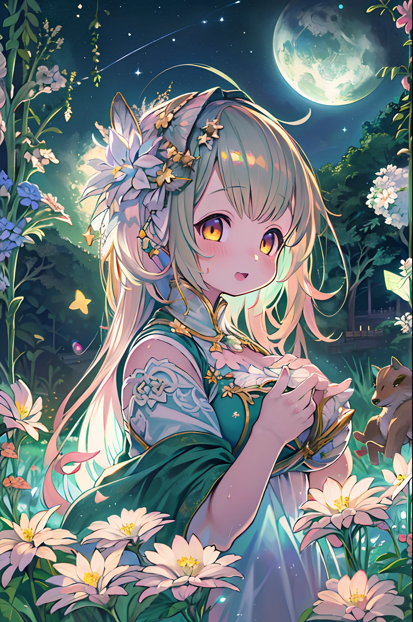 of the highest quality, high_resolution, Distinct_image, Detailed background, girl, flower, garden, Starry sky,、Huge chubby、Ultramammy、