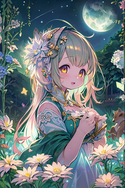 of the highest quality, high_resolution, distinct_image, detailed background, girl, flower, garden, starry sky,、huge chubby、ultr...