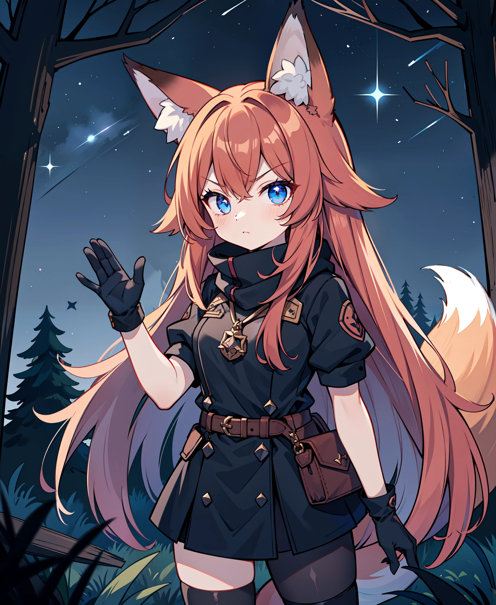 dark color pallete, fox girl, fox ears, fox tail, waving, black gloves, dark colored legwear, glowing eyes, blue eyes, night time, sky full of stars, night time, in the forest, serious,