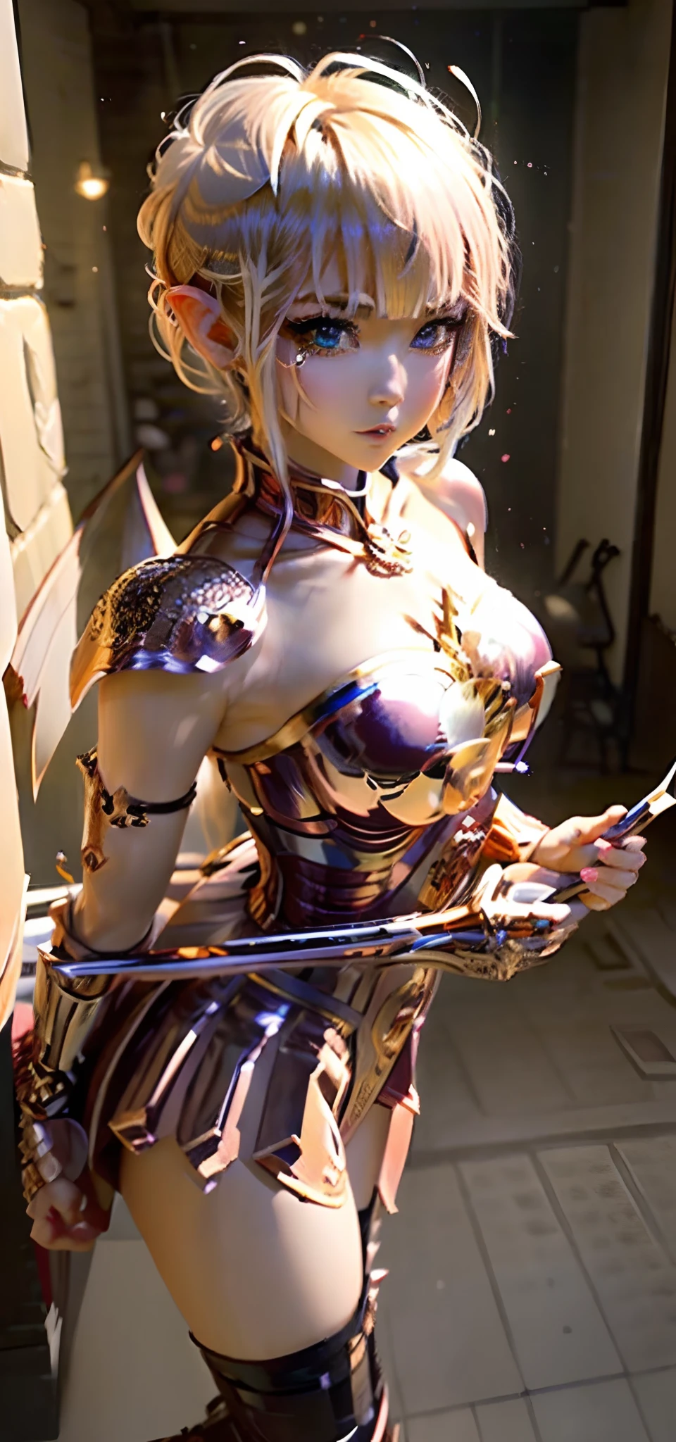 (( (tmasterpiece)，（Very detailed CG Unity 8K wallpaper），best qualtiy，cinmatic lighting，Detailed background，beatiful detailed eyes，Bright pupils，（Very fine and beautiful），（Beautiful and detailed eyes description），ultra - detailed，tmasterpiece，hight resolution)), Curly, (Rose gold armor:1.4), Richly decorated armor, a beautiful woman warrior, (a pixie cut:1.4), Platinum Blonde Hair, cleavage of the breast