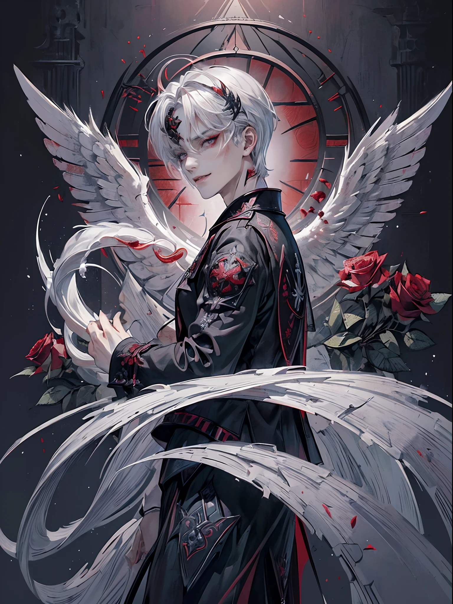 ((4K works))、​masterpiece、（top-quality)、((high-level image quality))、((One Beautiful Fallen Angel Man))、Slim body、((Vampire Black Y-Shirt Fashion))、(Detailed beautiful eyes)、((Red roses and crows on fantastic black background))、Inside the Evil Castle、((Face similar to Chaewon in Ruseraphim))、((Long and gray-haired man with center division))、(((white  hair)))、((Smaller face))、((Neutral face))、((Red Eyes))、((Korean Male))、((50 years old))、((wild boy))、((Show your teeth and smile))、((Korean makeup with black eyeshadow))、((elongated and sharp eyes))、(((Shot alone)))、((Fallen Angel))、Photos of fallen angels、Villain、Dark Proof、((Shot diagonally from the side))、King of Fallen Angels、Evil King