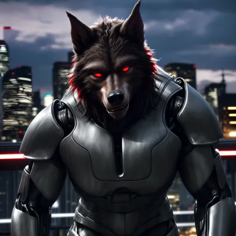 (best quality,4k,8k,highres,masterpiece:1.2),ultra-detailed,(realistic,photorealistic,photo-realistic:1.37),a werewolf wearing a cyborg armor, cityscape in the background with a blurred effect, looking at the viewer, eyes glowing red
