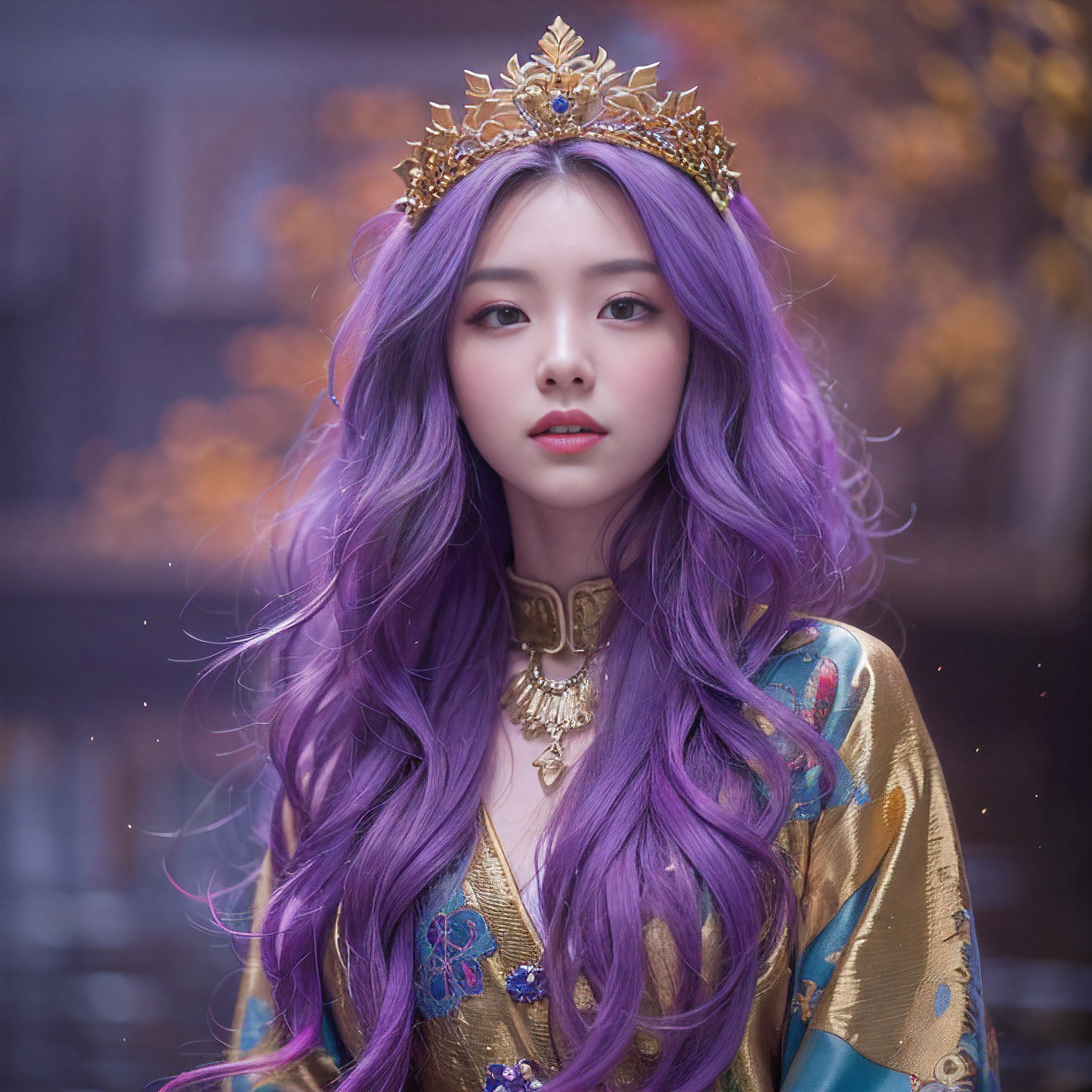 Genki Girl 32k（傑作，高畫質，超高畫質，32k）亮紫色長髮飄逸，秋天的池塘，盛开， 一种颜色， 亚洲人 （元氣少女）， （絲巾）， 战斗姿态， 看着地面， 長白髮， 漂浮的亮紫色， 火雲紋金色頭飾， 中國長袖金絲服裝， （抽像元宇宙飛濺：1.2）， 白色背景，蓮花元氣護身符（現實地：1.4），亮紫色的头发，路上冒煙，背景很純淨， 高解析度， 细节， RAW 照片， 夏普再保险， 尼康 D850 膠卷照片由 Jefferies Lee 拍攝 4 柯達 Portra 400 相機 F1.6 枪, 丰富的色彩, 超逼真生動的紋理, 戲劇性的燈光, 虛幻引擎藝術站趨勢, 西奈斯特800，一個有著長長飄逸亮紫色頭髮的女孩